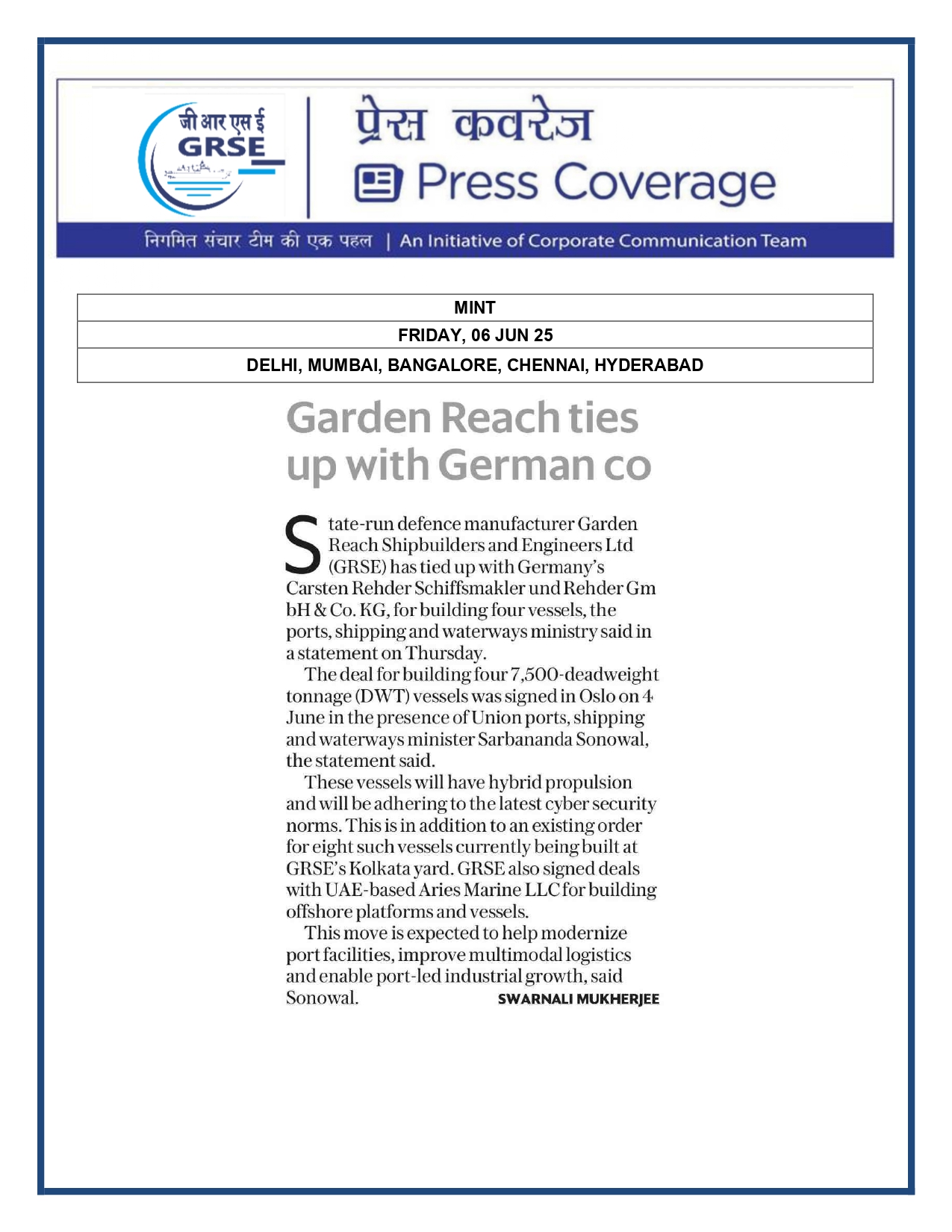 Press Coverage :  CMD,GRSE conferred on CMA's Management Excellence Award 2025   